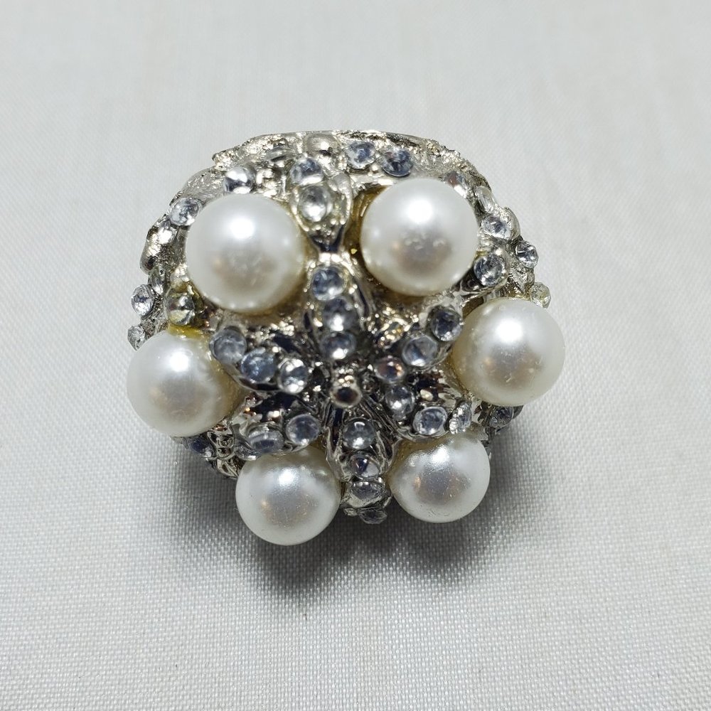silver beaded cluster rhinestone and pearl ring